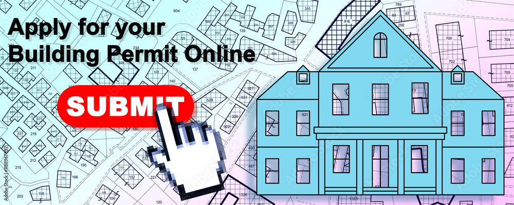 Poster submitting for a building permit concept with fictional building permit and submit icon web