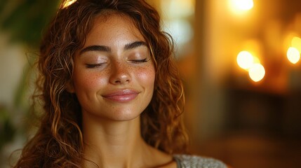 Fototapeta premium Photo - Serene Woman with Freckles, Curly Hair, and Closed Eyes in Warm Light