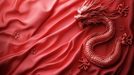 Lunar New Year background. Chinese dragon, folding paper fans, sakura on red background. Flat lay, top