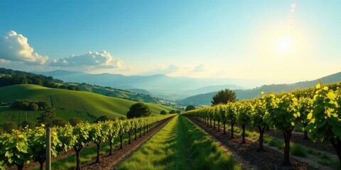 Naklejka premium Serene Vineyard Landscape at Golden Hour, Rows of Lush Grapevines Stretching Towards Distant Mountains Under a Clear Sky