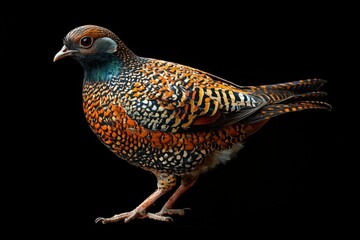 Obraz premium A colorful bird with intricate feather patterns, showcasing vibrant hues of orange, blue, and green against a black background.