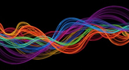 Rainbow Waves: An abstract digital art piece featuring vibrant, flowing lines of color, each wave a symphony of hues, evoking a sense of movement, energy, and joy against a black background.  