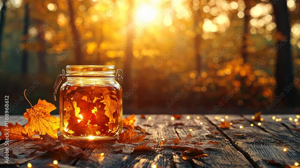 Poster sunset glow illuminating a jar filled with autumn leaves on a rustic wooden table in a serene forest