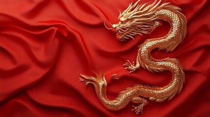 Fototapeta premium Lunar New Year background. Chinese dragon, folding paper fans, sakura on red background. Flat lay, top