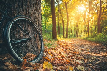 Scenic Autumn Pathway with Bicycle Leaning Against Tree in Sunlit Forest, Featuring Vibrant Fall Foliage and Warm Sun Rays Filtering Through Leaves