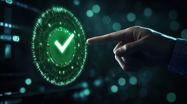 Hand pointing at a glowing green checkmark on a digital interface.