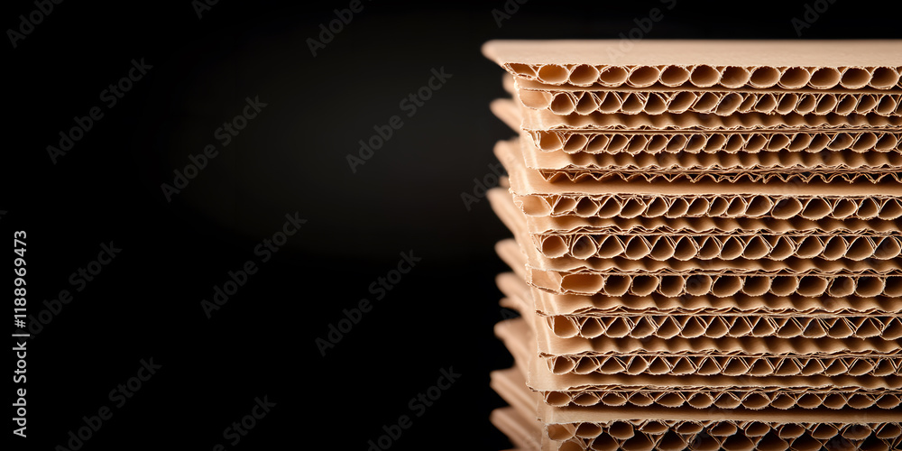 Poster stack of corrugated cardboard sheets against a black background. close-up view highlighting the text