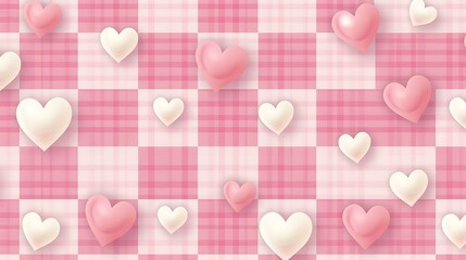 Seamless romantic backdrop featuring a charming pink checkered design interspersed with adorable heart shapes and subtle dot accents, ideal for festive digital projects.