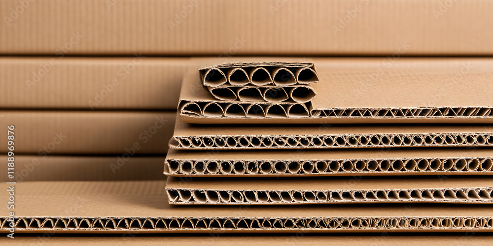 Poster close-up of corrugated cardboard sheets stacked, showcasing the layered structure and texture. ideal