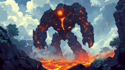 Fire golem in an ancient ruin with lava rivers flowing through it