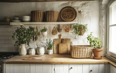 Rustic Scandinavian kitchen featuring a mix of wood and white finishes, complemented by potted plants for a natural, cozy, and functional design.

