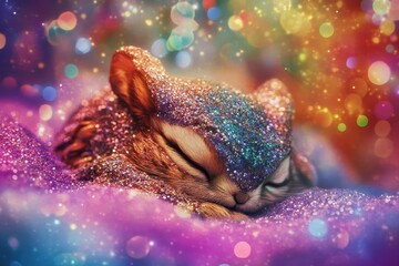 Obraz premium Glitter Covered Sleeping Chipmunk Dreaming Sweet Dreams