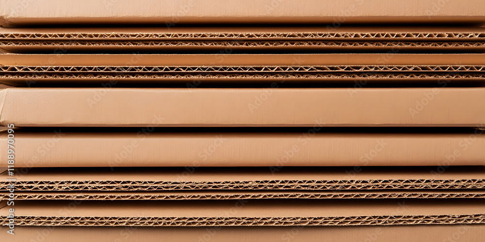 Poster stack of corrugated cardboard sheets. close-up texture of layered cardboard showing the fluted inner