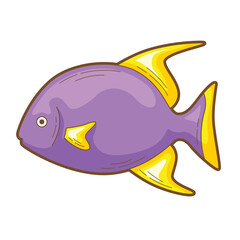 Purple fish with yellow fins, vibrant aquatic life, marine themed designs, children's book illustrations, colorful underwater graphics, fish themed products