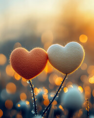 Two vibrant felt hearts adorned with dew drops stand tall among soft foliage in a golden sunrise glow