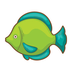Cute green cartoon fish ideal for children's books, educational materials, aquarium event flyers, and ocean themed web graphics. Bright, playful design