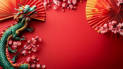 Lunar New Year background. Chinese dragon, folding paper fans, sakura on red background. Flat lay, top