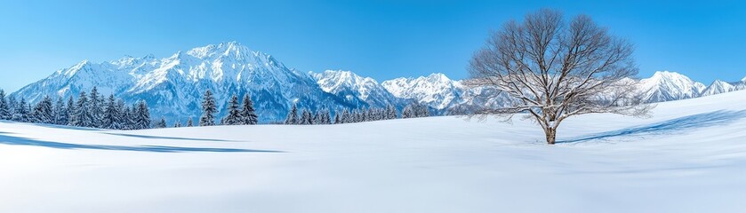 Obraz premium Serene Winter Landscape with Mountains, Blue Sky, and Lone Tree in Snowy Field