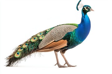 Obraz premium A vibrant peacock showcasing its stunning iridescent feathers, standing gracefully against a plain background.
