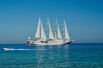 sailing ship in mykonos island greec is summer