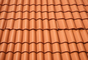Close up of a new tiled roof. orange tiles on the roof of a house. Clay tile roof. Orange clay tile roof close-up with blue sky
