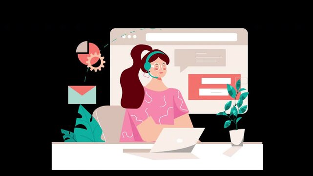 A woman with long brown hair, wearing a pink shirt, working as a customer support agent in a modern office setting.