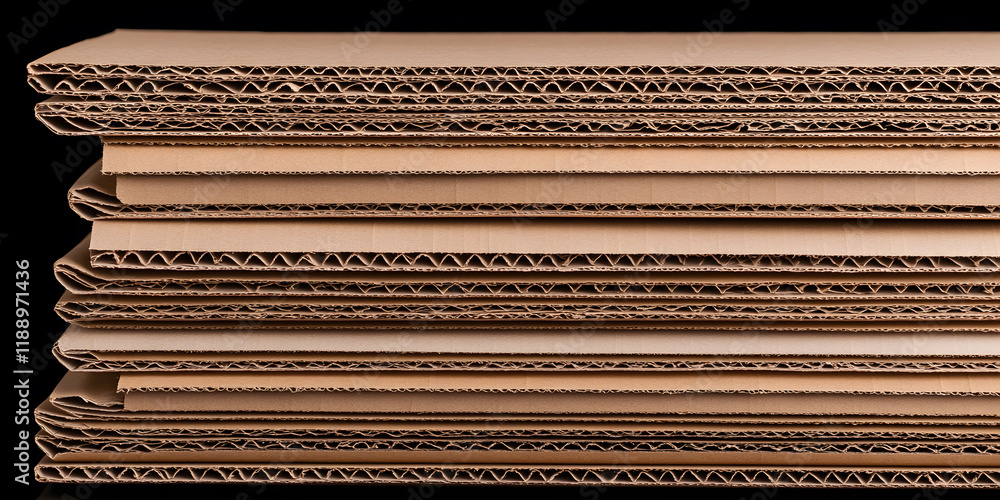 Poster stack of corrugated cardboard sheets. close-up view showcasing the layered structure and texture of 
