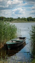 Obraz premium Serene lakeside landscape, green rowboat moored in reeds, reflective calm water, lush green trees and grass, puffy white clouds, summer day, peaceful countryside scene, photorealistic, high detail, so