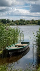 Obraz premium Serene lakeside landscape, green rowboat moored in reeds, reflective calm water, lush green trees and grass, puffy white clouds, summer day, peaceful countryside scene, photorealistic, high detail, so