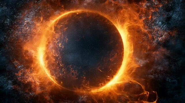 Fiery solar eclipse with vibrant flames surrounding dark lunar shadow in dramatic cosmic display