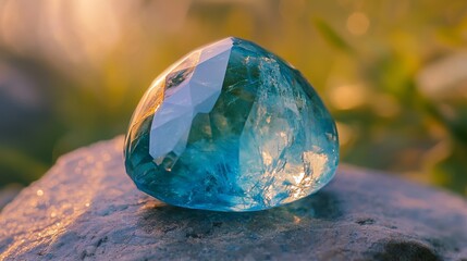polished aquamarine stone glistening under gentle light, showcasing its vibrant blue hue and velvety smooth surface, surrounded by a soft