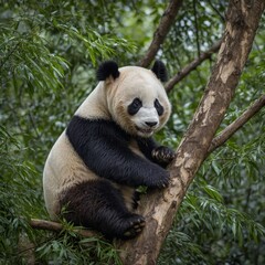 Fototapeta premium Giant panda, Ailuropoda melanoleuca, approximately 6-8 months old, sitting on a tree branch high in the forest canopy.