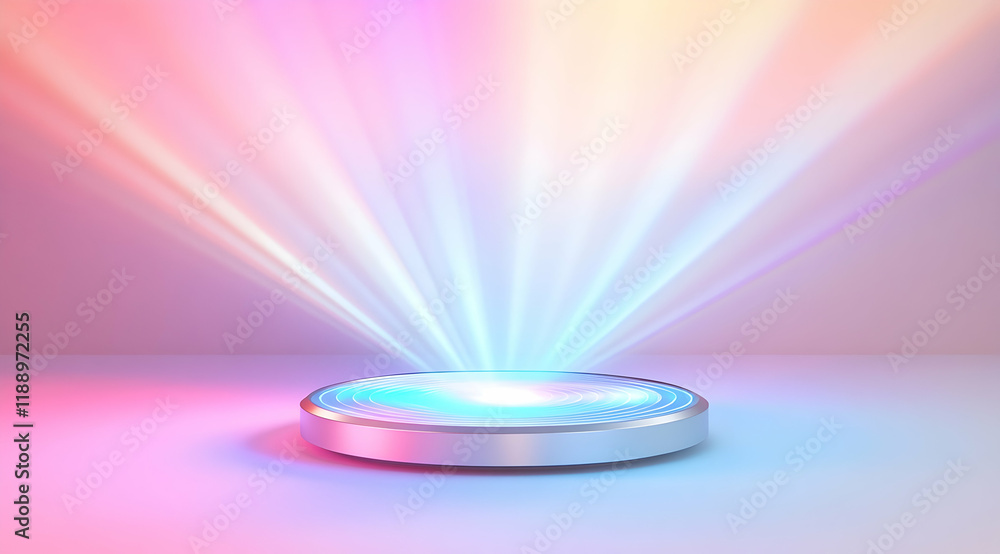 Poster 3d rendering of a podium with a holographic light ring and geometric shapes on a pastel background f