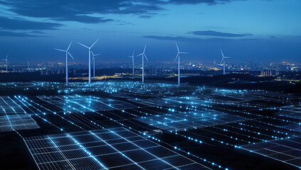 A solar panel farm and wind turbines illuminate under a sunset, highlighting technological advancements in green energy amidst a futuristic cityscape