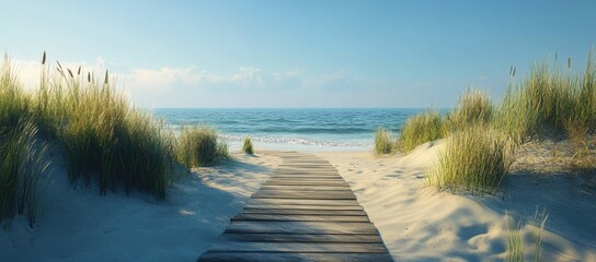 A wooden walkway leading to the beach, surrounded by dunes and grasses under a clear blue sky. The background features an expansive view of the sea with gentle waves lapping