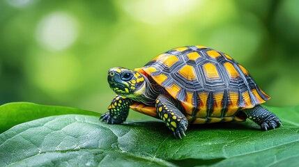 Obraz premium Vibrant Yellow And Black Tortoise On Green Leaf