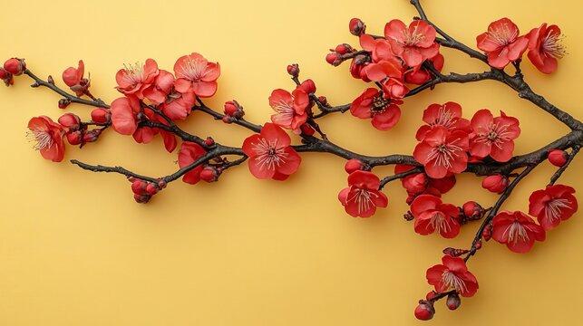 Red apricot blossom branch on yellow background. Flat lay. Chinese new year decoration. 