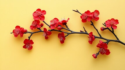 Red apricot blossom branch on yellow background. Flat lay. Chinese new year decoration. 