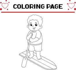 active young boy paddle boarding lake coloring page for kids