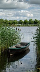 Obraz premium Serene lakeside landscape, green rowboat moored in reeds, reflective calm water, lush green trees and grass, puffy white clouds, summer day, peaceful countryside scene, photorealistic, high detail, so