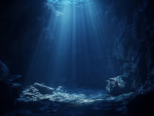 Obraz premium Stunning Underwater Cave Photo: Deep Ocean Sunlight Beams Mysteriously Illuminate Dark Rock Formations. AI Generated