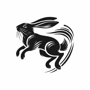 A stylized jumping hare silhouette.