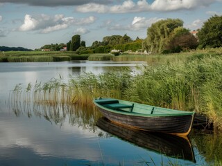 Obraz premium Serene lakeside landscape, green rowboat moored in reeds, reflective calm water, lush green trees and grass, puffy white clouds, summer day, peaceful countryside scene, photorealistic, high detail, so