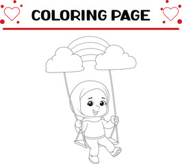 beautiful girl is playing swing rainbow coloring page for kids