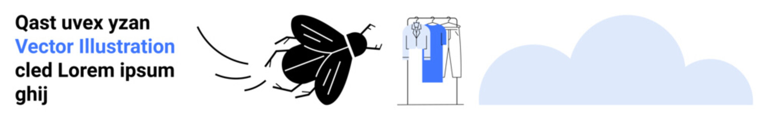 Fly buzzing near wardrobe with hanging clothes, cloud in the background. Ideal for themes thumbs up cleanliness, pest control, domestic life, nature, outdoor living, discomfort summer. Landing page