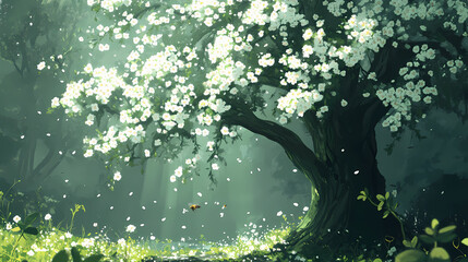 Hawthorn tree covered in small white flowers, with tiny bees buzzing around. Thornpath. Illustration