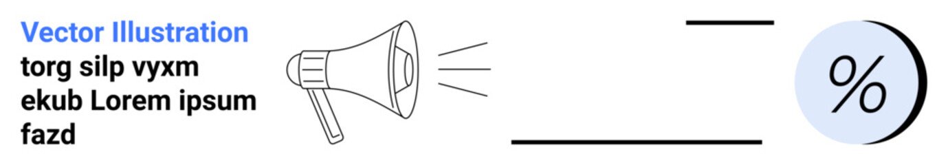 Megaphone emitting sound waves toward a large percentage symbol. Ideal for marketing, promotions, advertising, sales, discounts, business presentations, and landing pages. Landing page
