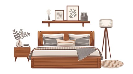 The image depicts a cozy bedroom with a wooden bed, cushions, pillows, and a blanket, complemented by a modern home room design with a bedside table and floor lamp.