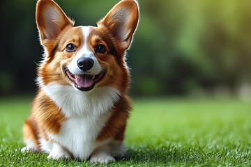 Happy Pembroke Welsh Corgi dog sitting on green grass.