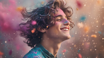 Celebrating joyful moments young man covered in colorful powder outdoor festival portrait photography vibrant atmosphere